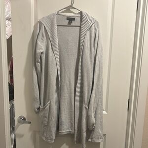 Tahari Woman Light Gray Open-Front Hooded Cardigan